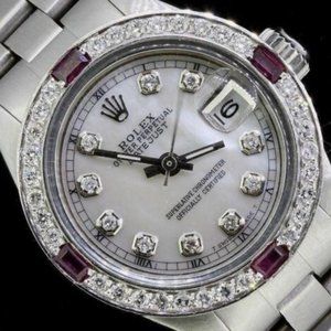 Rolex Ladies Date Datejust Oyster Stainless Diamond Ruby Bezel Watch